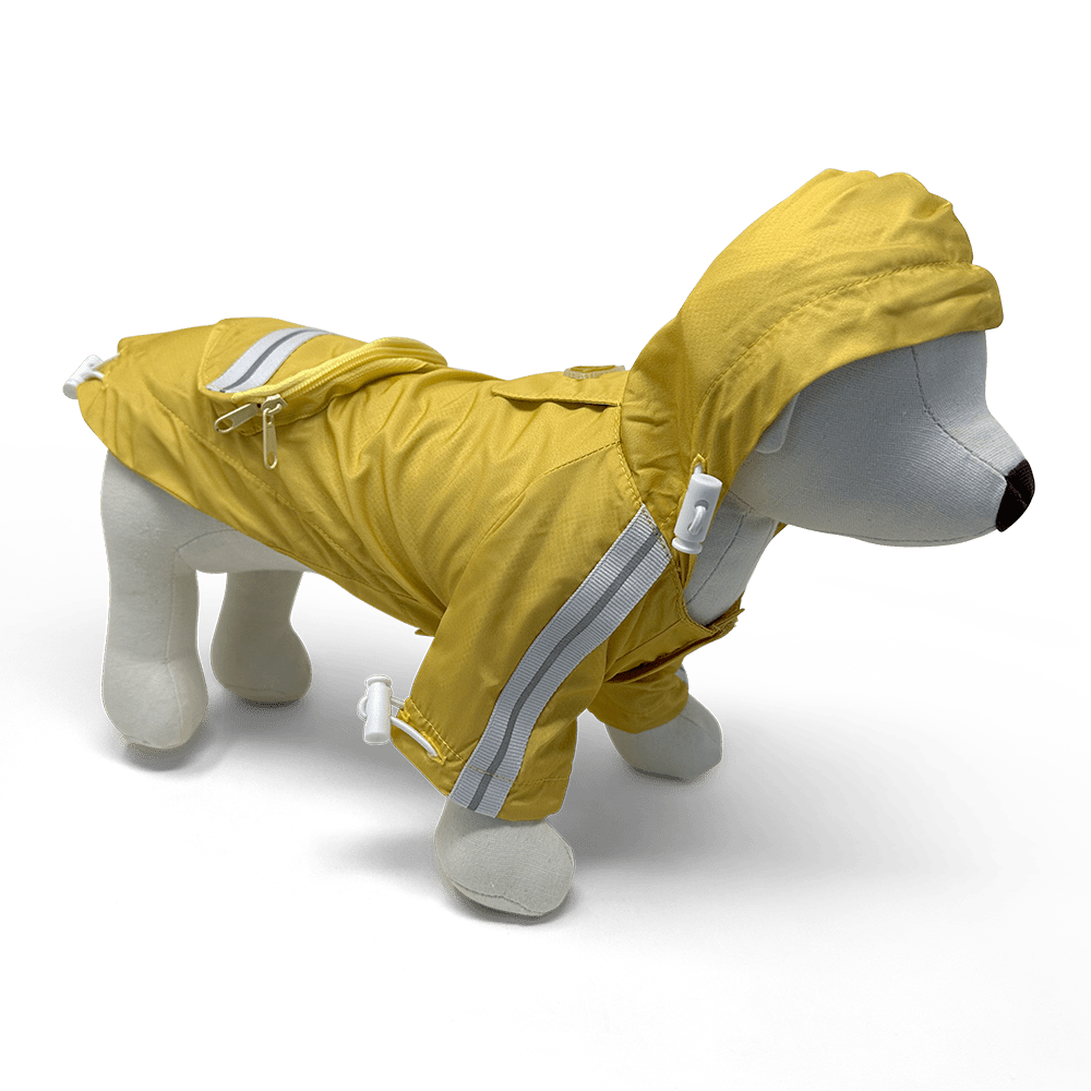 Yellow hooded raincoat with gray reflective stripe and open side flap detail