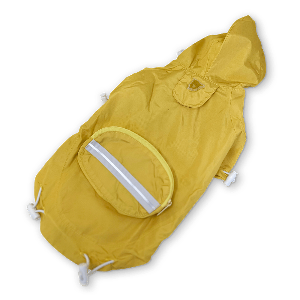Yellow dog raincoat with hood, front pocket opening, and blue reflective stripe