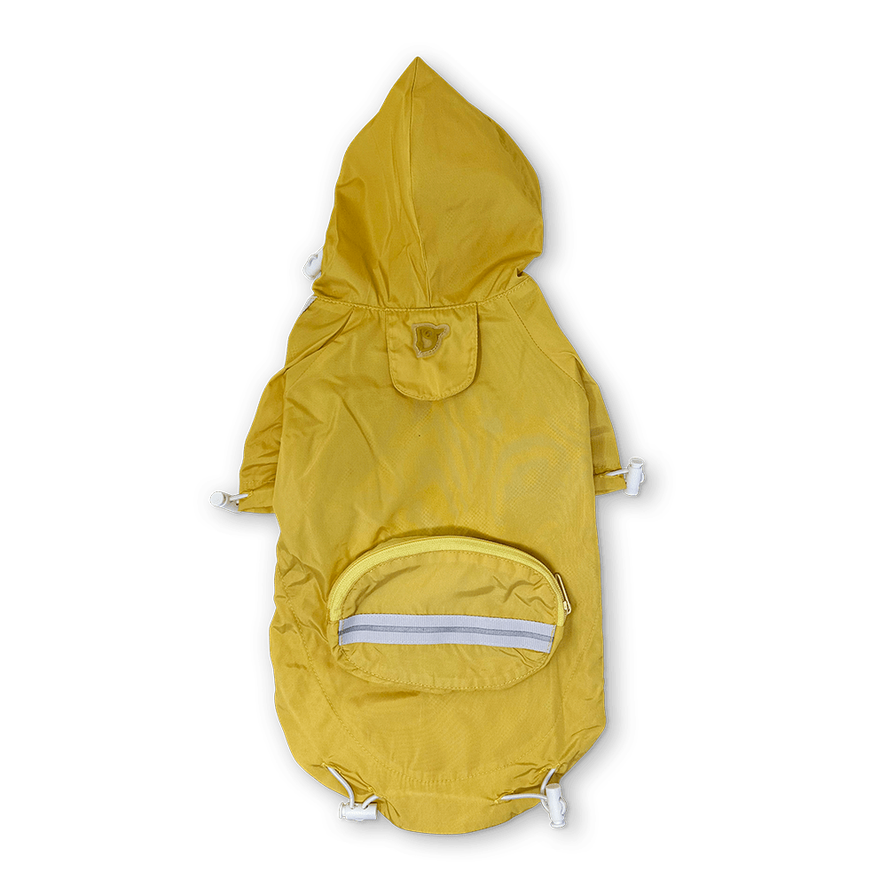 Yellow dog raincoat with hood, front pocket, and buttoned back flap detail