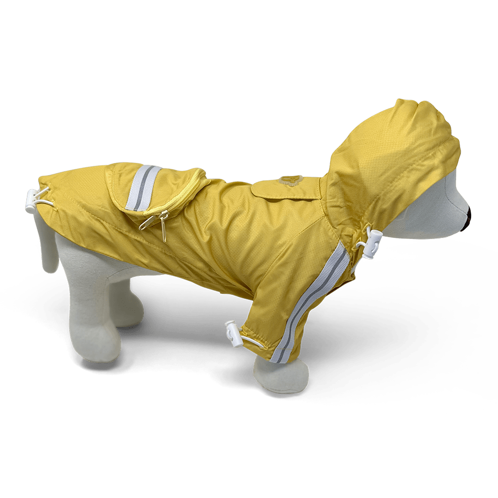Yellow hooded raincoat with gray reflective stripe and front button placket detail