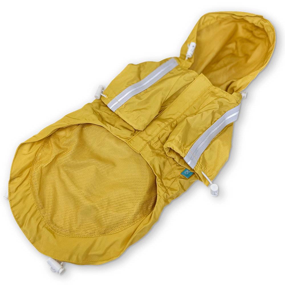 Yellow dog raincoat with hood and reflective straps plus mesh-lined belly pocket