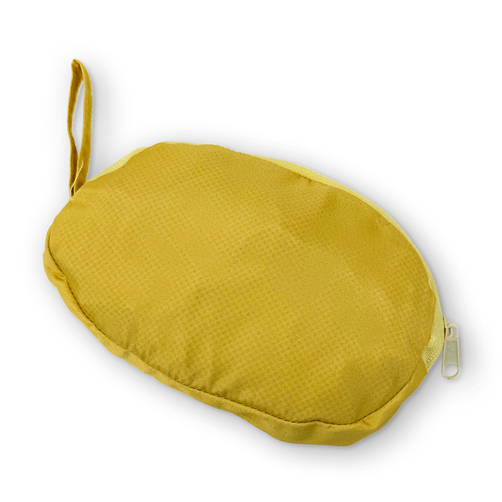 Yellow hooded raincoat hood with zipper and small loop handle detail