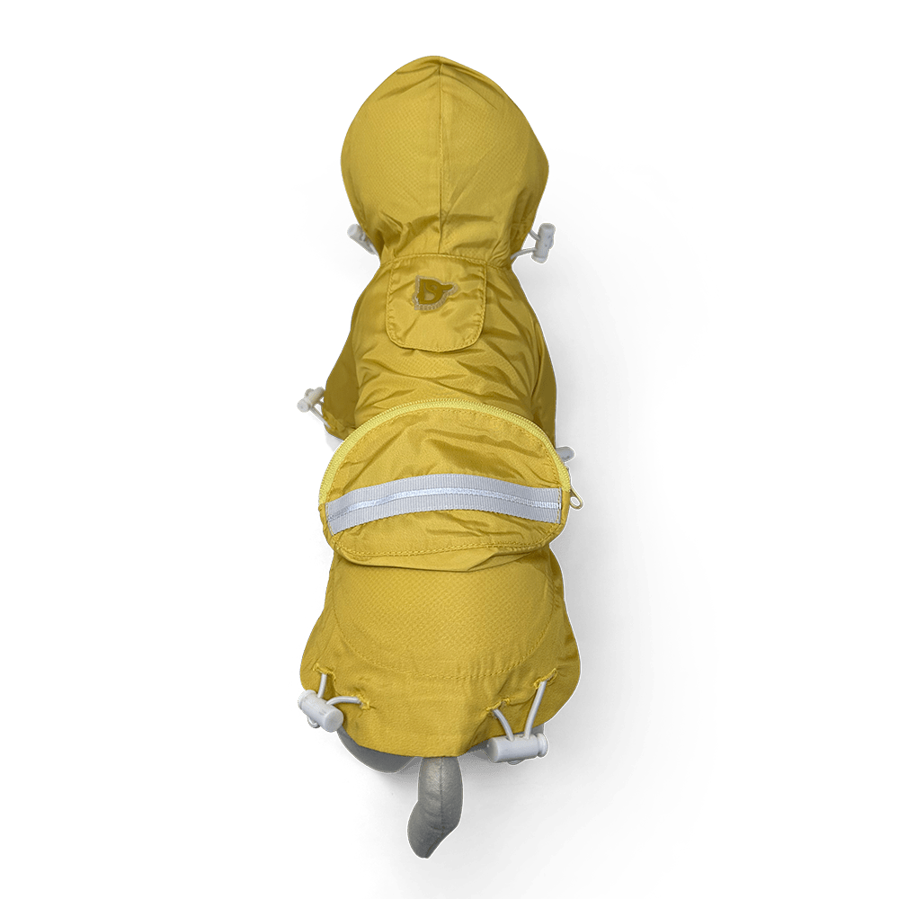 Yellow hooded raincoat with back panel pocket and gray reflective waist stripe