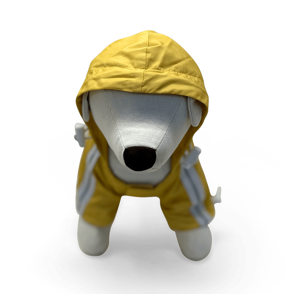 Yellow hooded raincoat with front zipper and gray reflective trim stripe