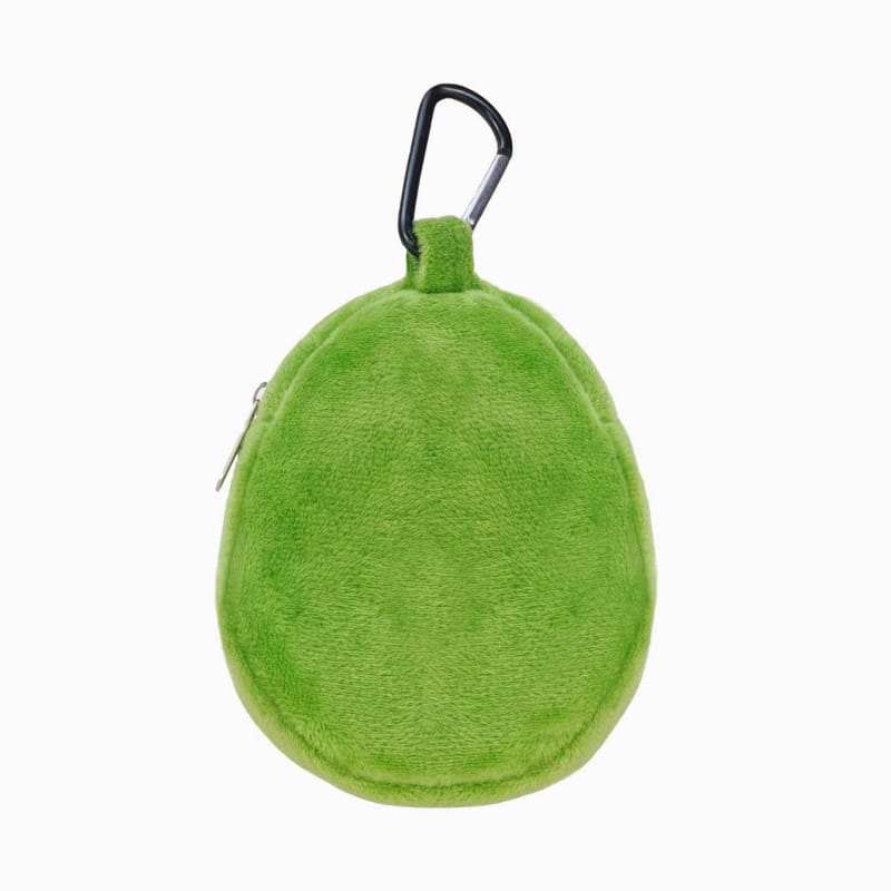 Green avocado-shaped plush waste bag dispenser with carabiner-style clip