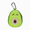Avocado-shaped plush waste bag dispenser with smiling face and metal clip