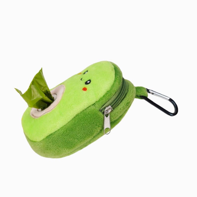 Plush avocado waste bag dispenser with open pouch and hanging metal clip