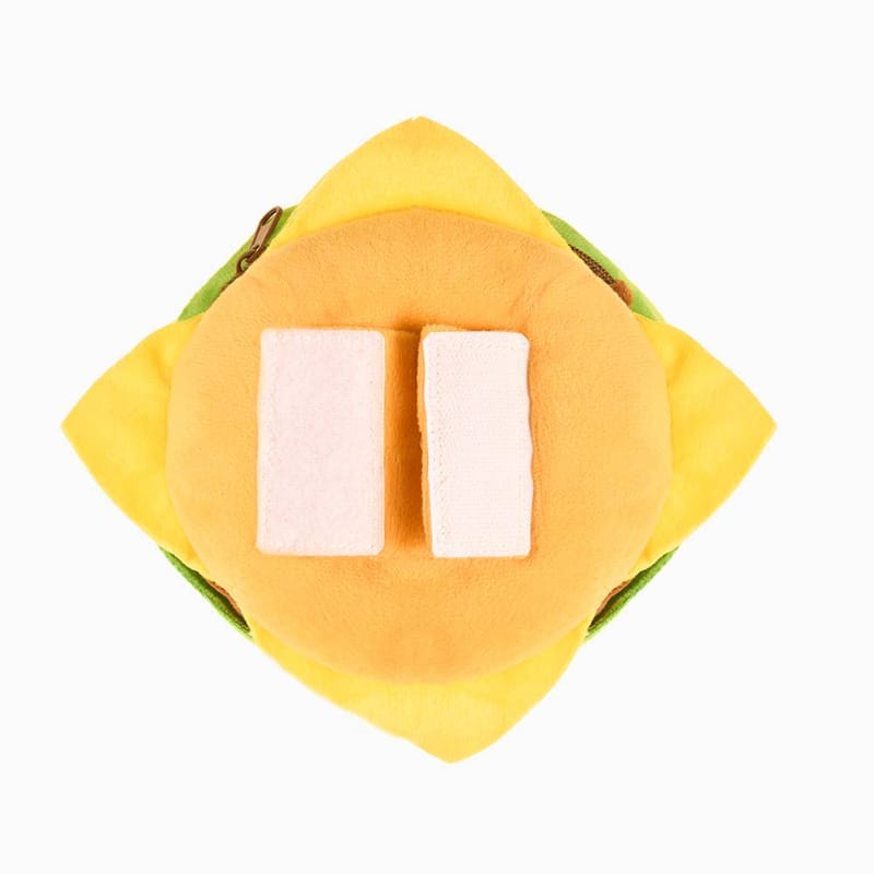 Cheeseburger-shaped plush backpack back with two white rectangular patches