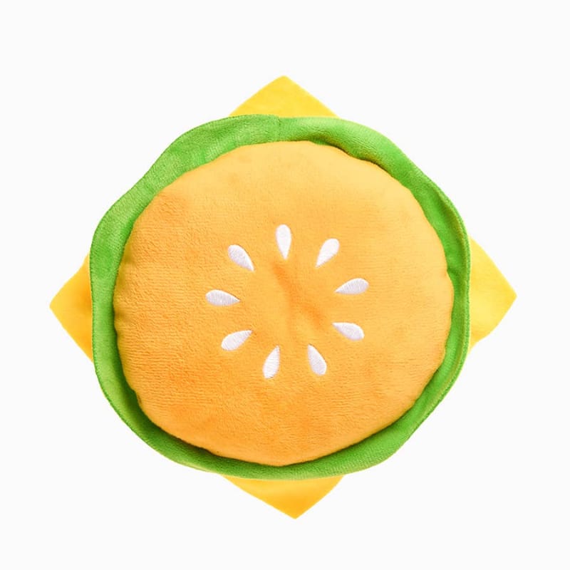 Cheeseburger plush pocket with orange center, green trim, and white stitched decoration