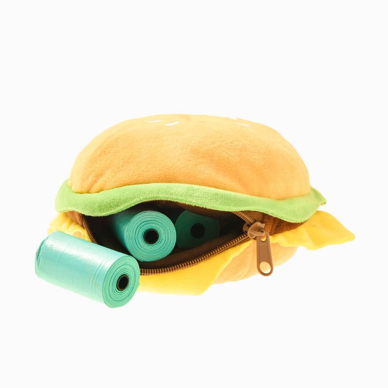 Cheeseburger-shaped plush backpack with open zipper, visible inner lining, and rolled buns