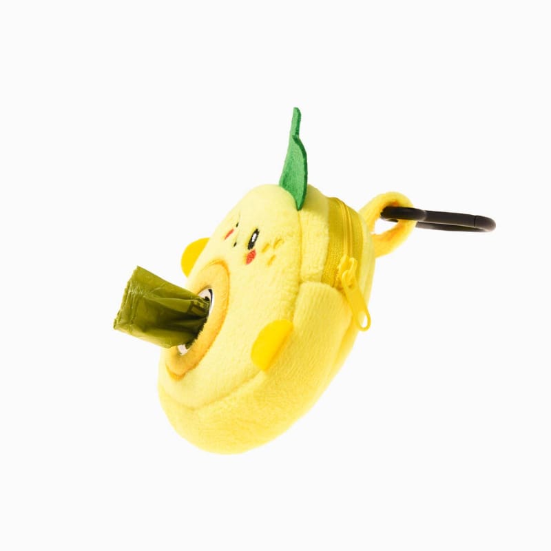 Lemon plush pet waste bag dispenser with leaf topper and side clip loop