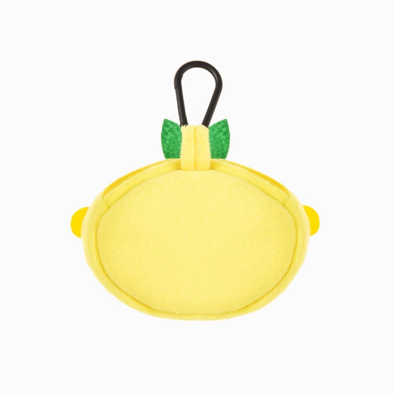 Yellow lemon plush pet waste bag dispenser with black loop handle, smooth back