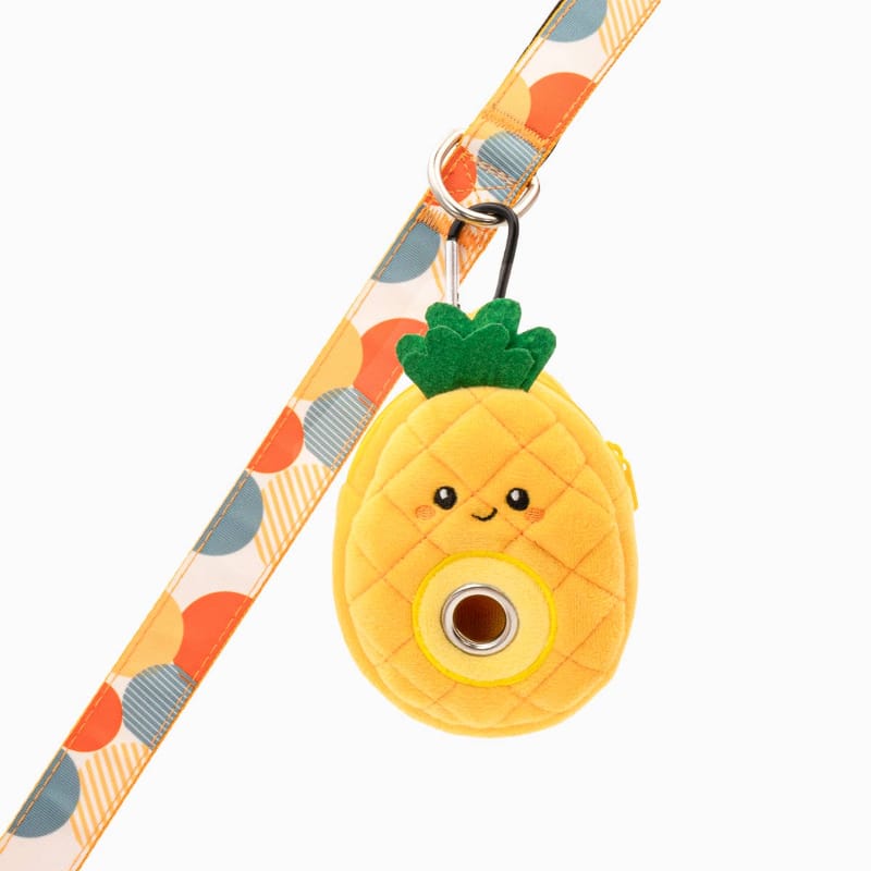 Pineapple pet waste bag dispenser pouch on a patterned strap with metal clip