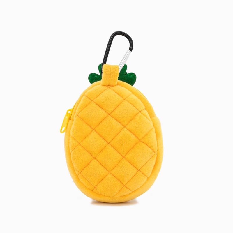 Yellow pineapple pet waste bag dispenser pouch with green leaf and black loop clip