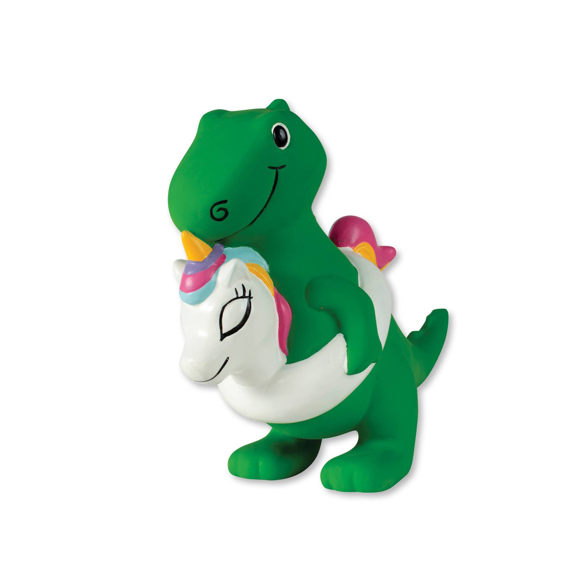 Green dinosaur latex dog toy with white unicorn floaty and rainbow mane
