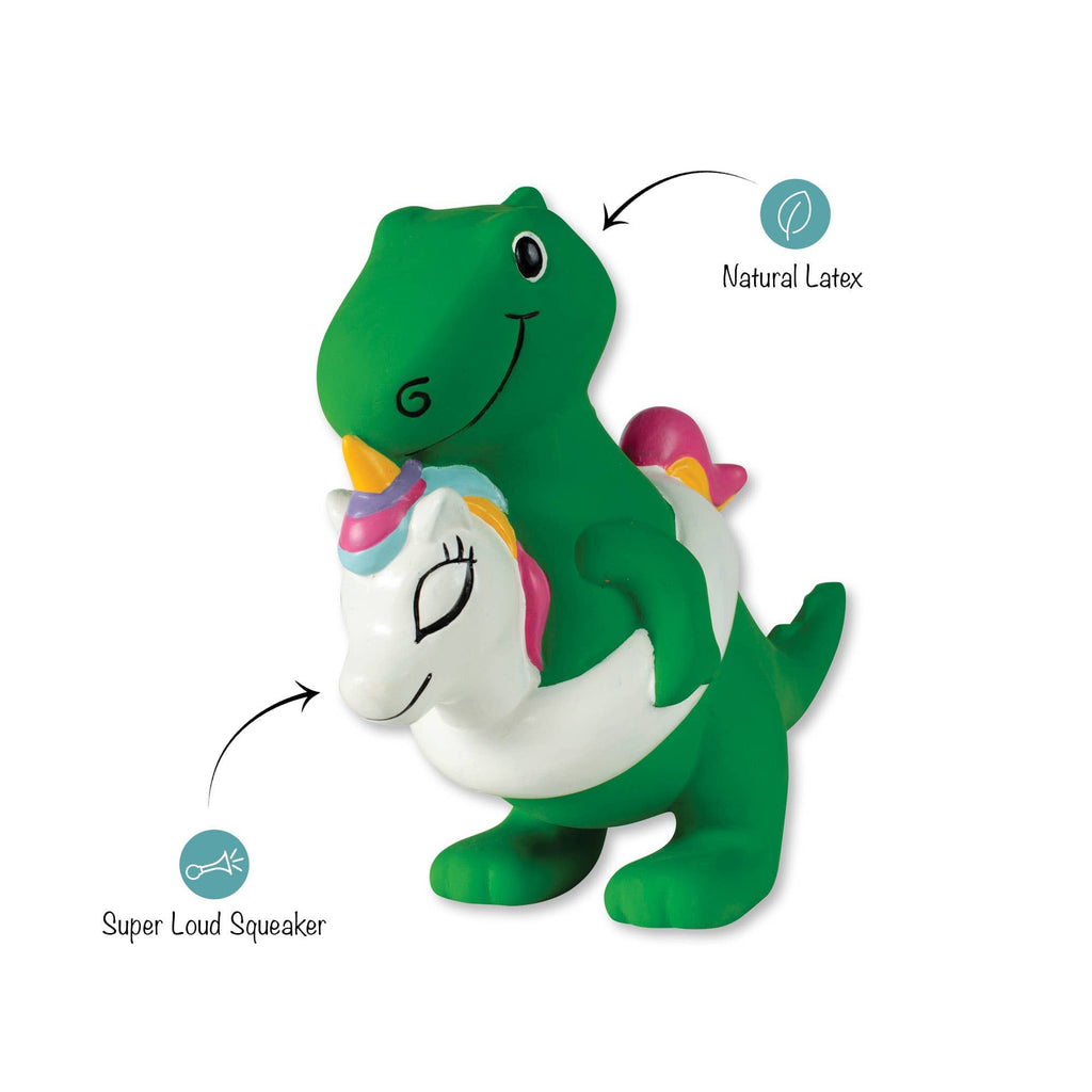 Natural latex dinosaur dog toy with white unicorn floaty; super loud squeaker
