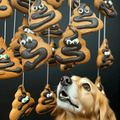 Organic dog cookies shaped like poop with black icing and googly eyes, hanging treat.