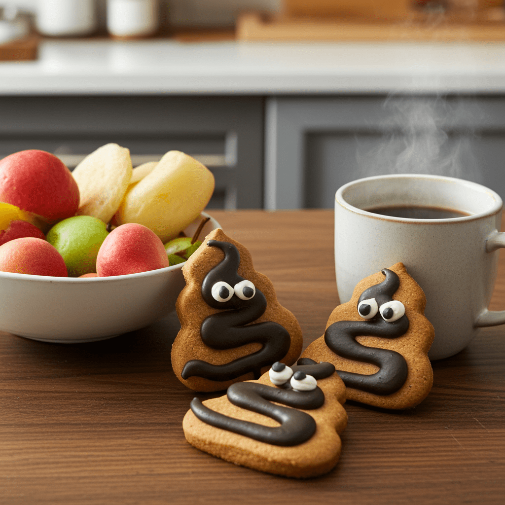 Organic dog cookies shaped like poop with black icing and googly eyes near fruit and coffee.