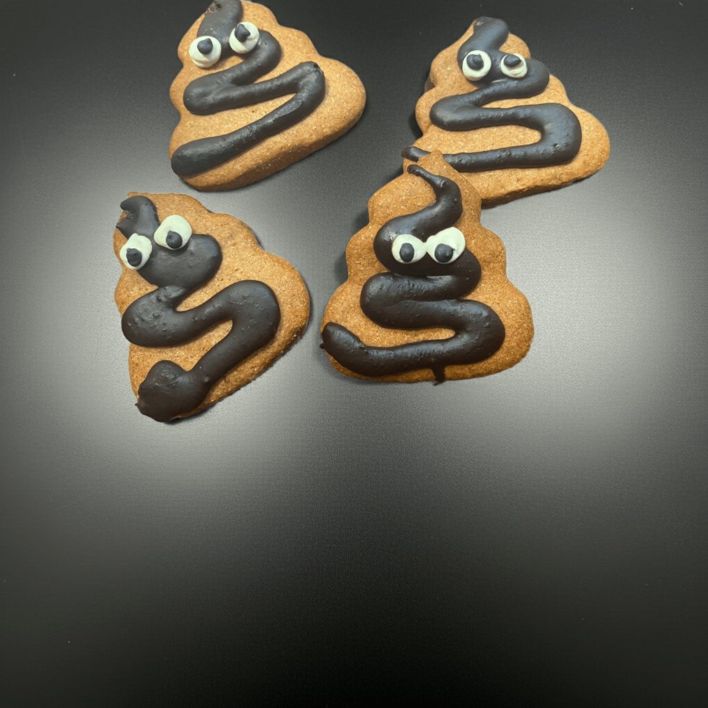Organic dog cookies shaped like poop with black icing and googly eyes arranged on dark mat.