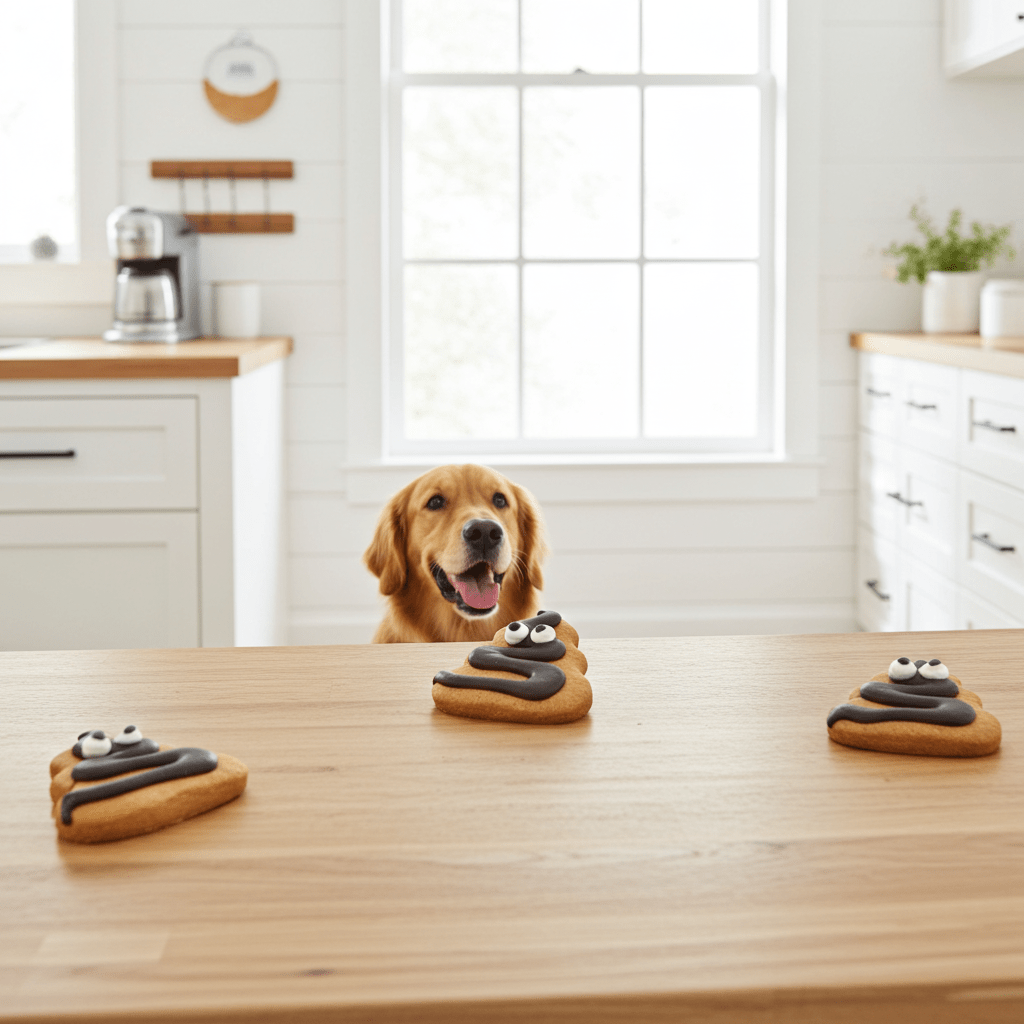 Organic dog cookies shaped like poop with black icing and googly eyes on a kitchen table.