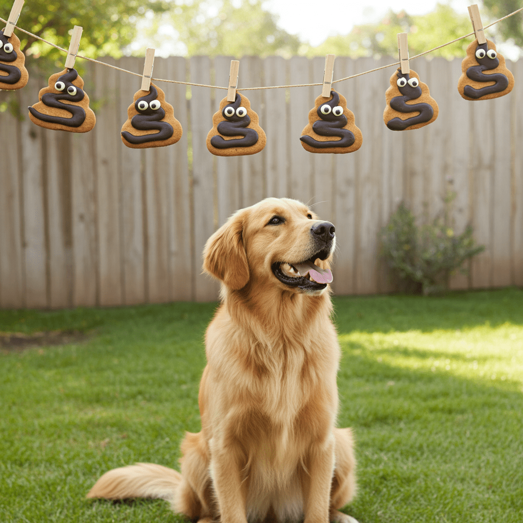 Organic dog cookies shaped like poop with googly eyes hanging on a backyard clothesline.