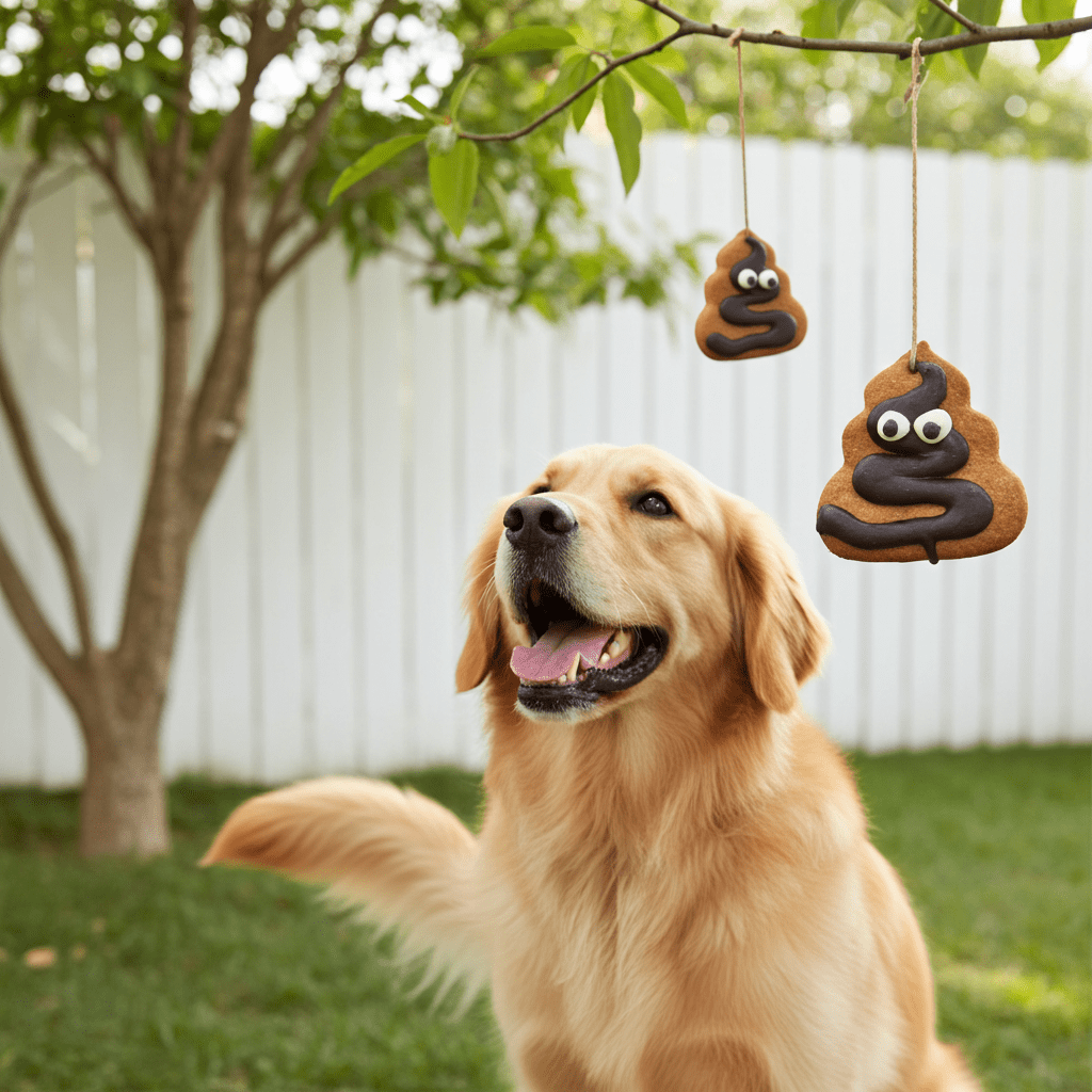 Organic dog cookies shaped like poop with black icing and googly eyes hanging above a dog.