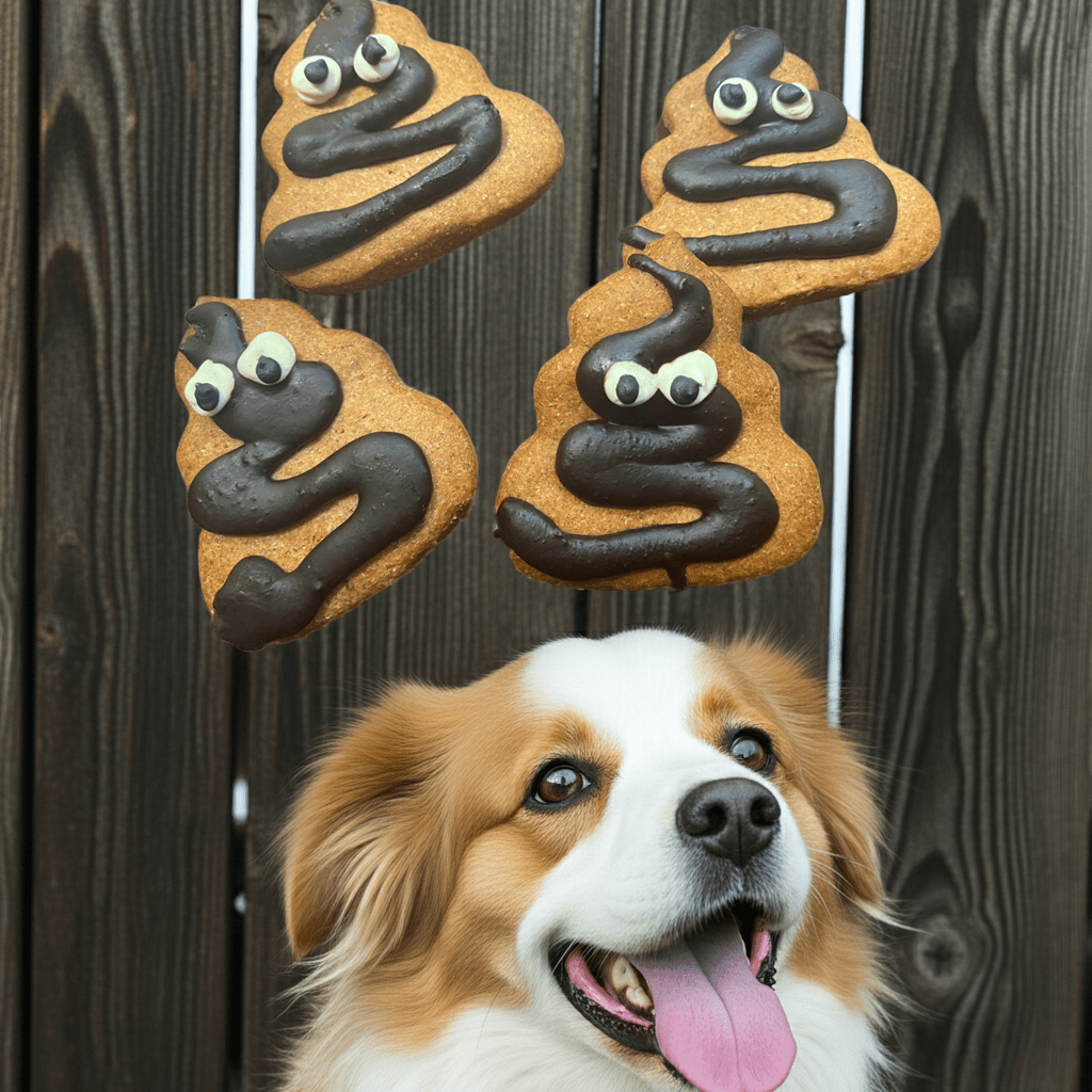 Organic dog cookies shaped like poop with black icing and googly eyes, with dog below.