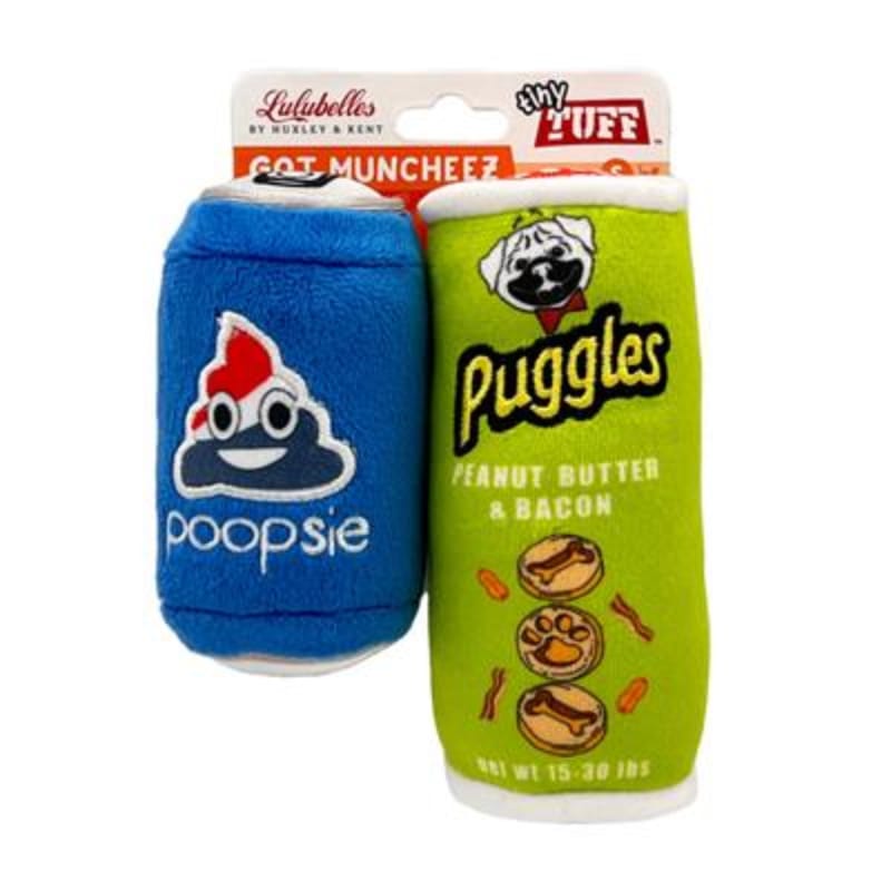 Pet toy set of two plush chew canisters: blue Poopsie and green Puggles.