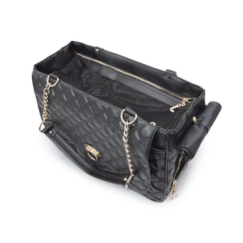 Portable pet bag, black quilted with zip top, front pocket, and dangling chain