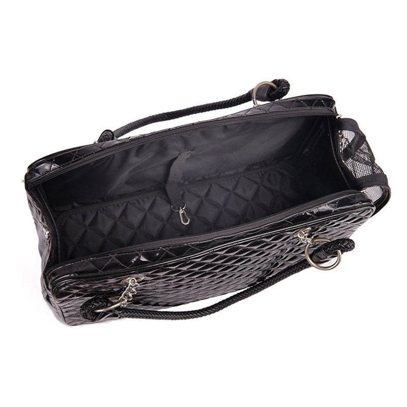 Portable pet bag, black mesh panel interior with zip opening and carry handles