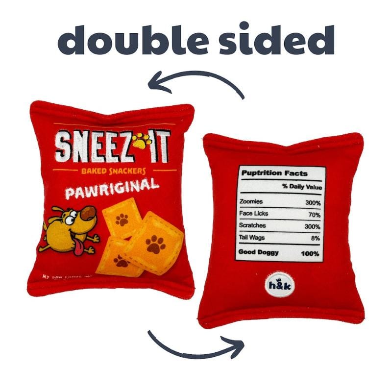 Red plush dog toy with 'SNEEZ-IT' printed graphics, double-sided design