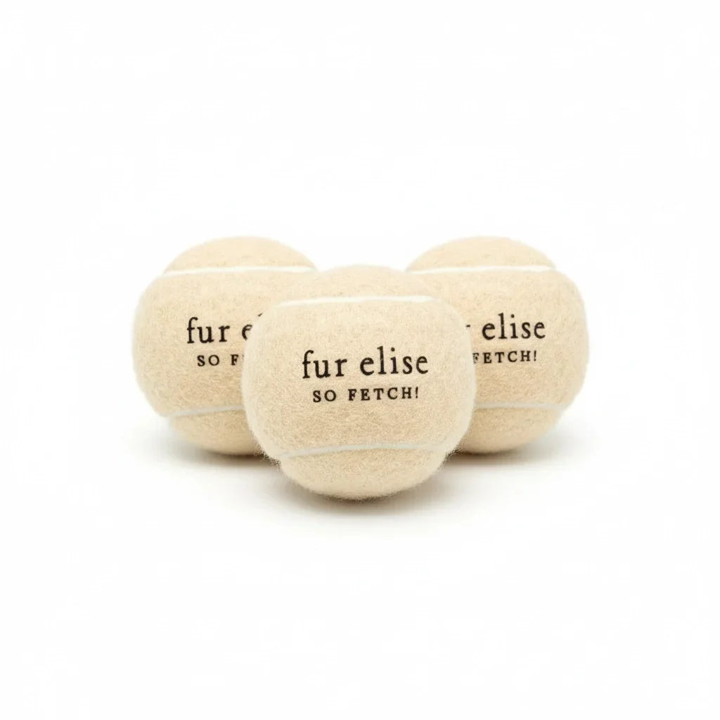 Set of three plush tennis balls, light beige, with 'fur elise so fetch' print