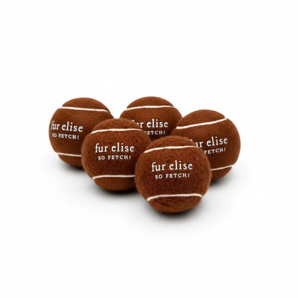 Set of 5 brown plush tennis balls with white 'fur elise' print