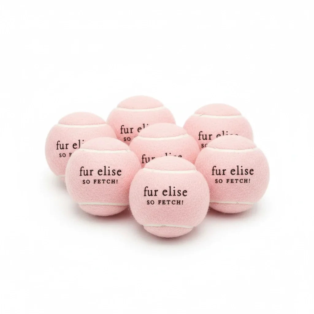 Blush tennis ball set of 7, each with 'fur elise so FETCH!'