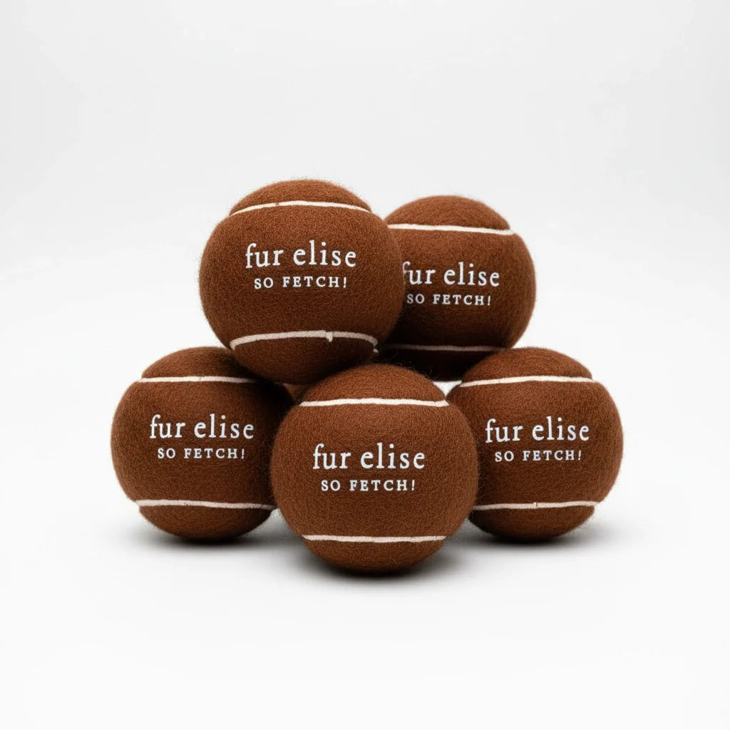 Cluster of 5 brown plush tennis balls with white 'fur elise' logo