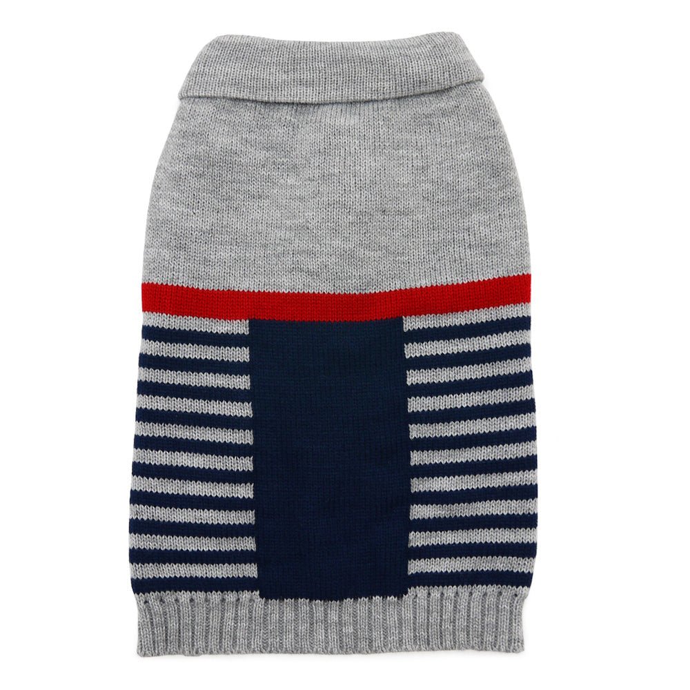 Gray knit sweater with red horizontal stripe, navy center panel, and striped side bands