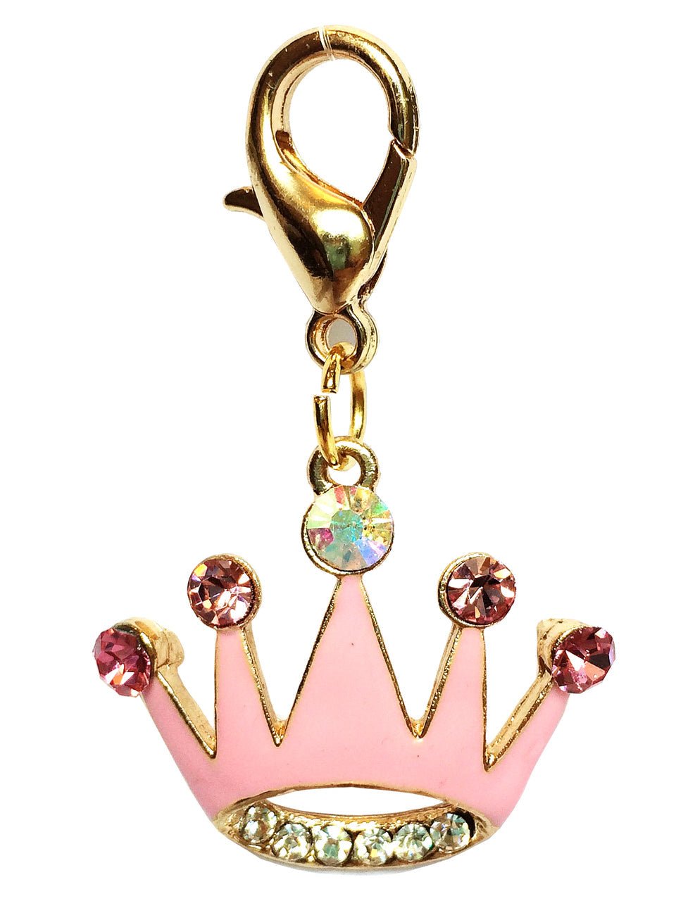 Gold-tone crown charm with pink enamel, crystal accents, and hanging ring