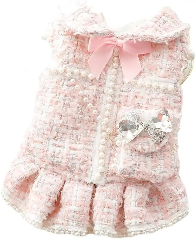 Pink tweed dog dress with lace collar ribbon bow and crystal heart brooch