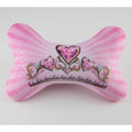 Pink plush dog toy bone-shaped bow with crown and hearts front graphic