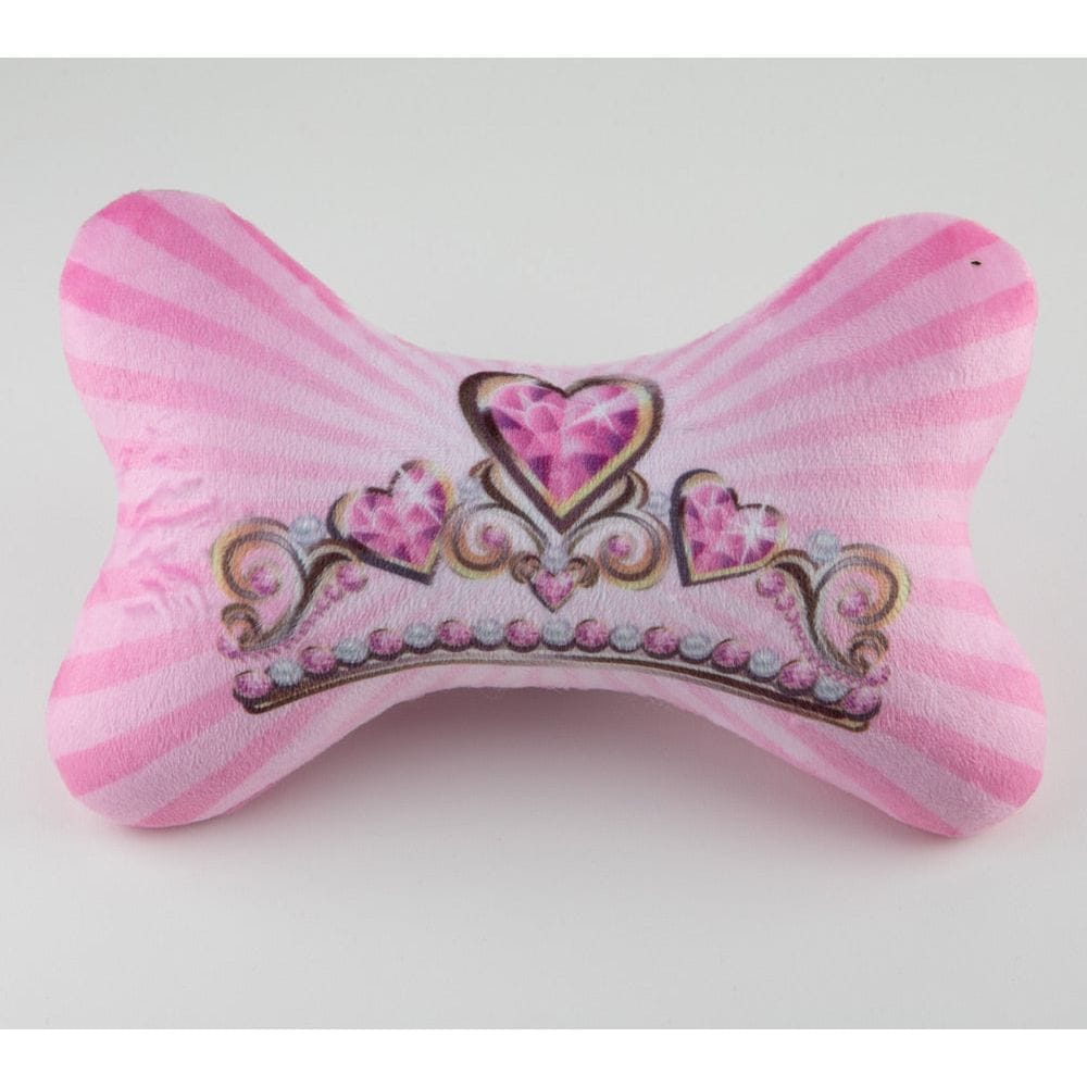 Pink plush dog toy bone-shaped bow with crown and hearts front graphic