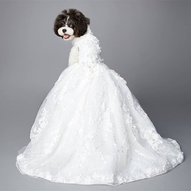 White lace dog wedding ball gown with princess-style full tulle skirt