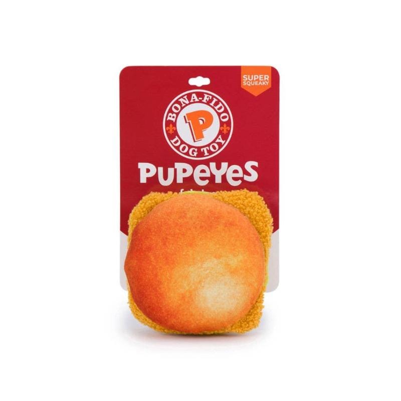 Plush chicken-shaped dog toy, packaged; orange and yellow textured body