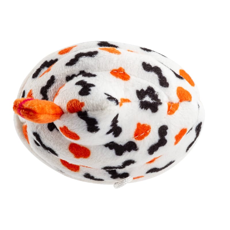 Spotted plush dog toy with white fabric, orange patches, and small ear-like tips