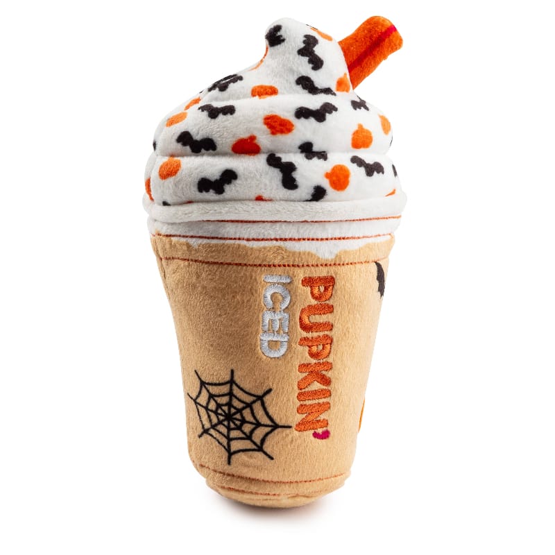 Halloween iced cup plush dog toy with spotted white top and orange-black sprinkles