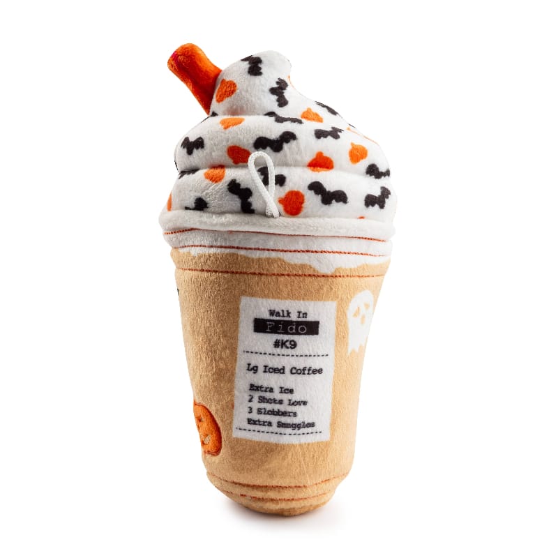 Halloween iced cup plush dog toy with fabric label and sprinkles