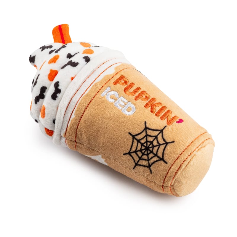 Iced cup plush dog toy with orange-black spiderweb graphic and stitched seam