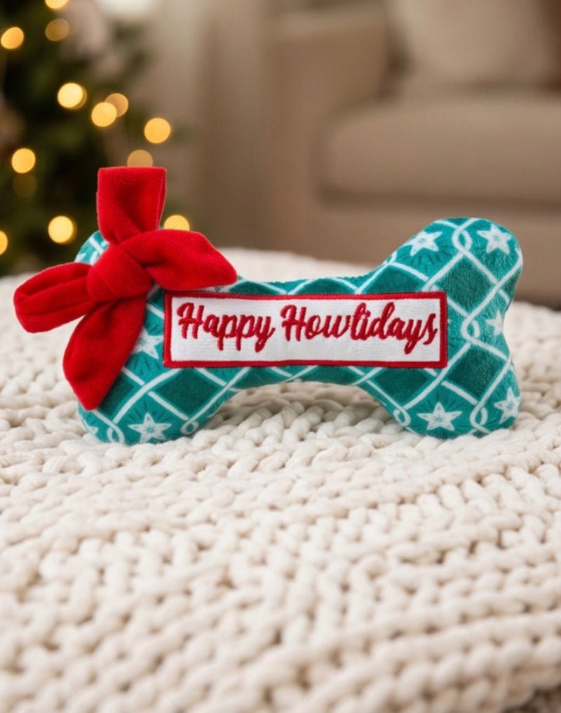 Puppermint Bone Green Stars (Happy Howlidays) Christmas Holiday Plush Squeak Dog Toy Fursace Luxury Dog Plush Toy - Red Squeaky | Cookies Wagging Friends Boutique Cookies Wagging Friends Boutique