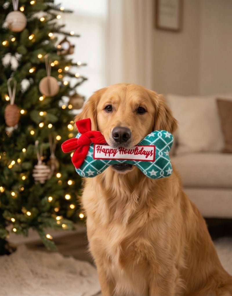 Puppermint Bone Green Stars (Happy Howlidays) Christmas Holiday Plush Squeak Dog Toy Fursace Luxury Dog Plush Toy - Red Squeaky | Cookies Wagging Friends Boutique Cookies Wagging Friends Boutique