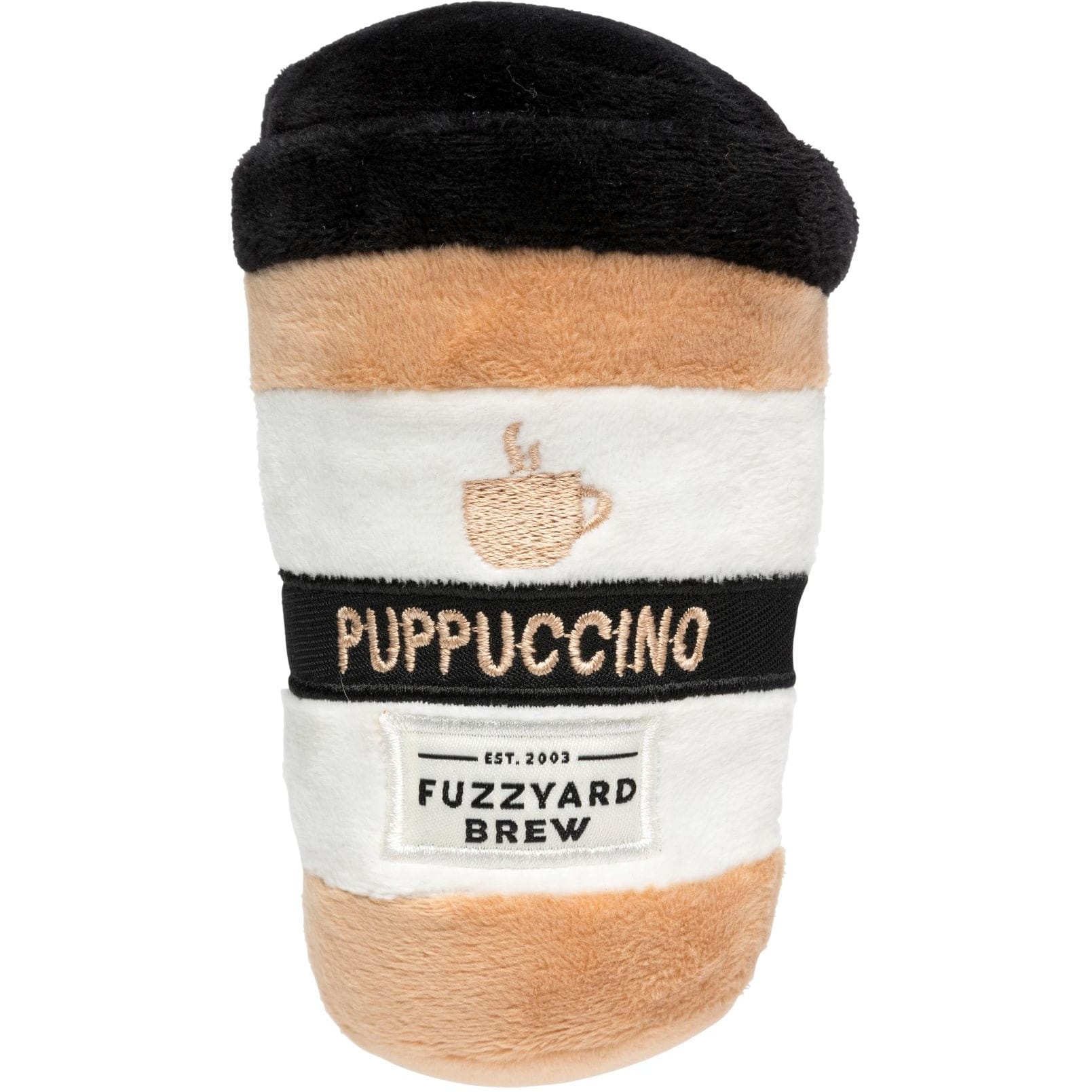 Puppuccino-shaped plush dog toy with black, white, and tan layers and stitched logo