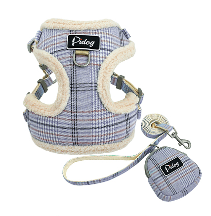 Blue plaid dog harness with leash and matching round zip pouch, beige fleece trim